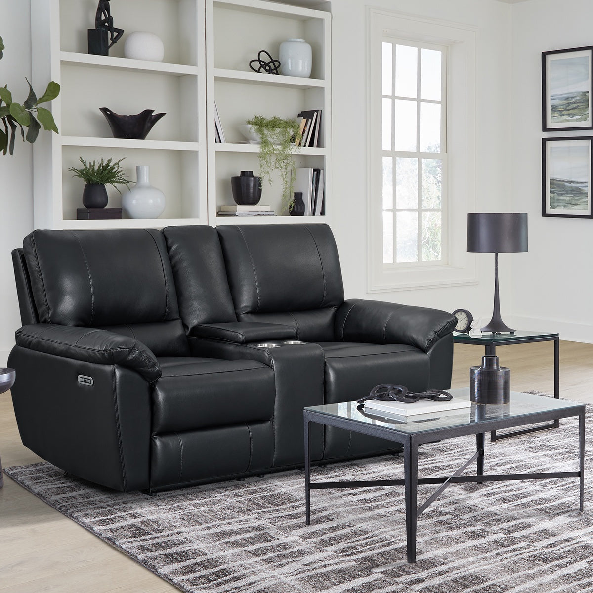 Northridge Home Winston Park Top-grain Leather Power Reclining Loveseat with Console, Black