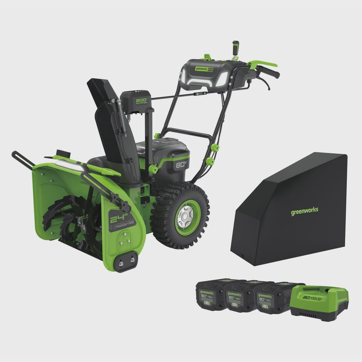 Greenworks 80V 24'' Two Stage Snow Thrower, (3) 4Ah Batteries and Rapid Charger, Heavy Duty Cover Included