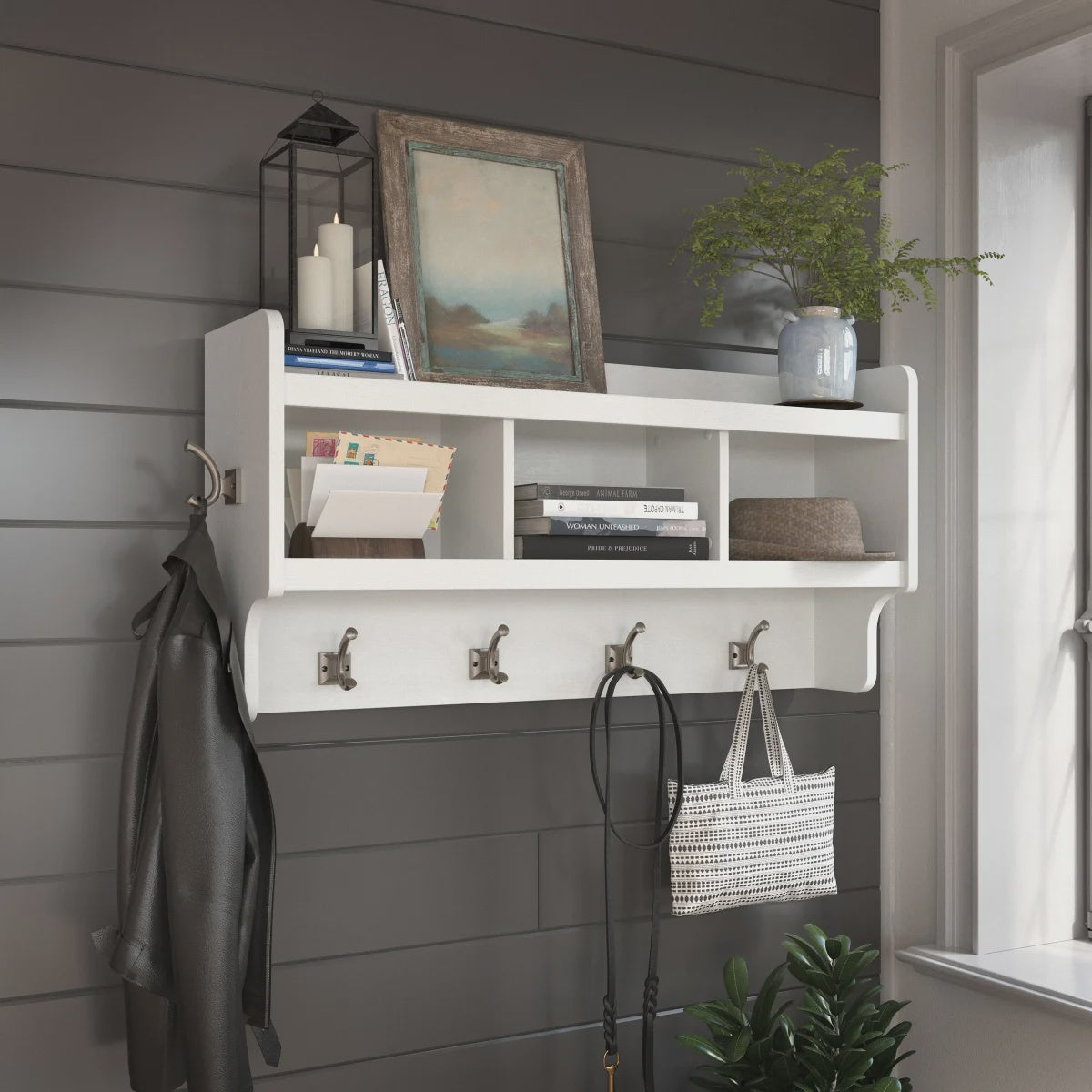 Bush Furniture Woodland Wall Mounted Coat Rack with Shelf