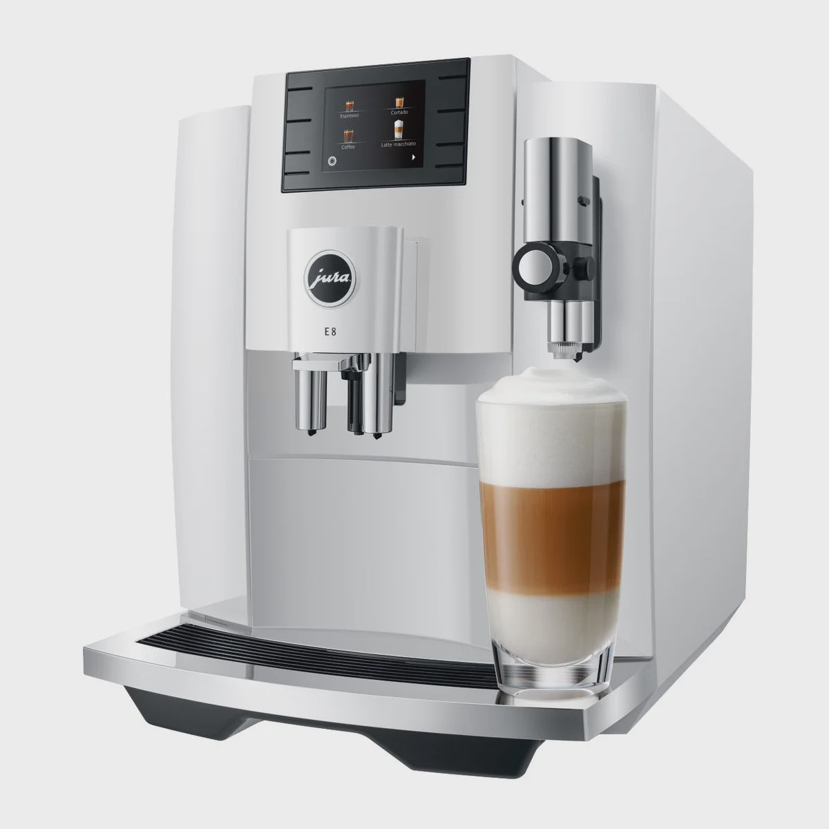 Jura E8 Automatic Espresso Machine with Milk Container, Glacette, and Milk Pipe, Piano White, Pre-owned 142 Cup Count