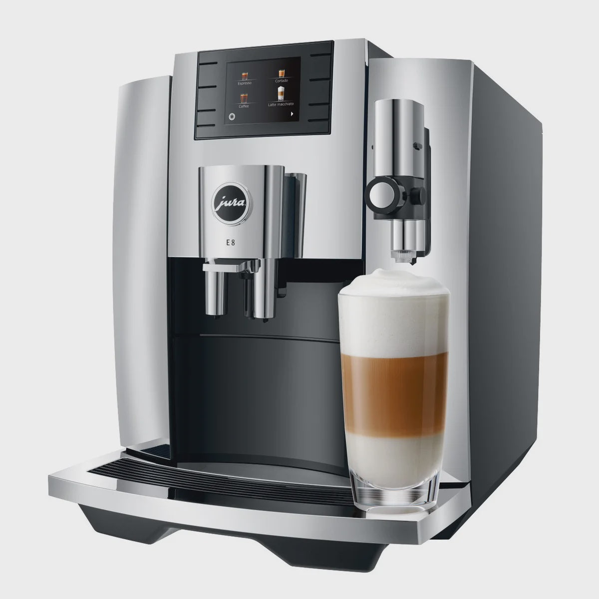 Jura E8 Automatic Espresso Machine with Milk Container, Glacette, and Milk Pipe, Chrome