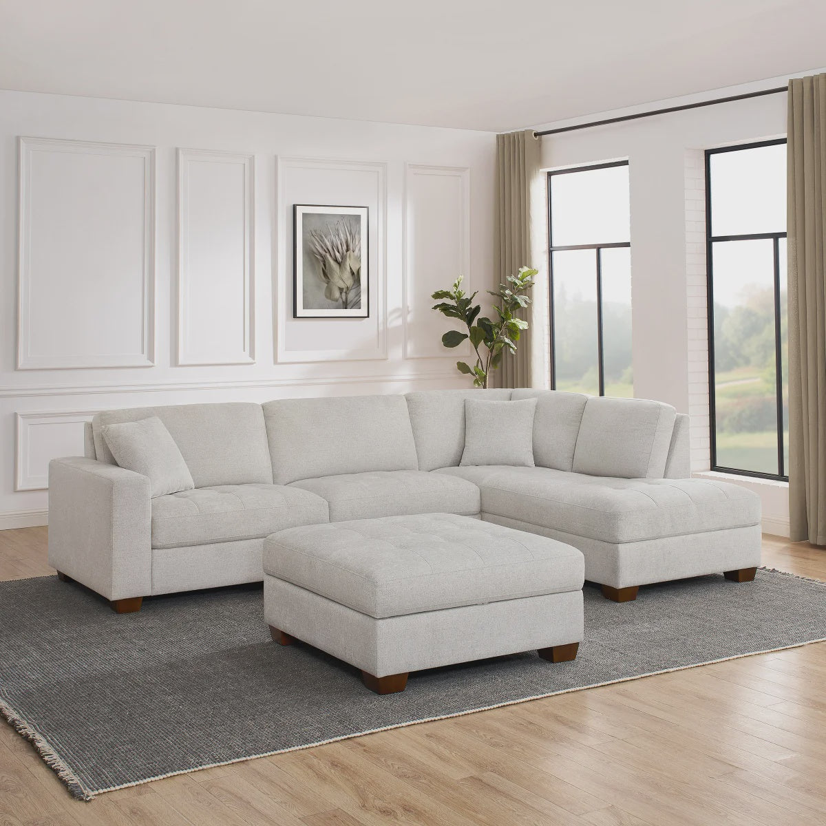 Thomasville Miles Right-hand Facing 3-piece Fabric Sectional with Storage Ottoman, Beige