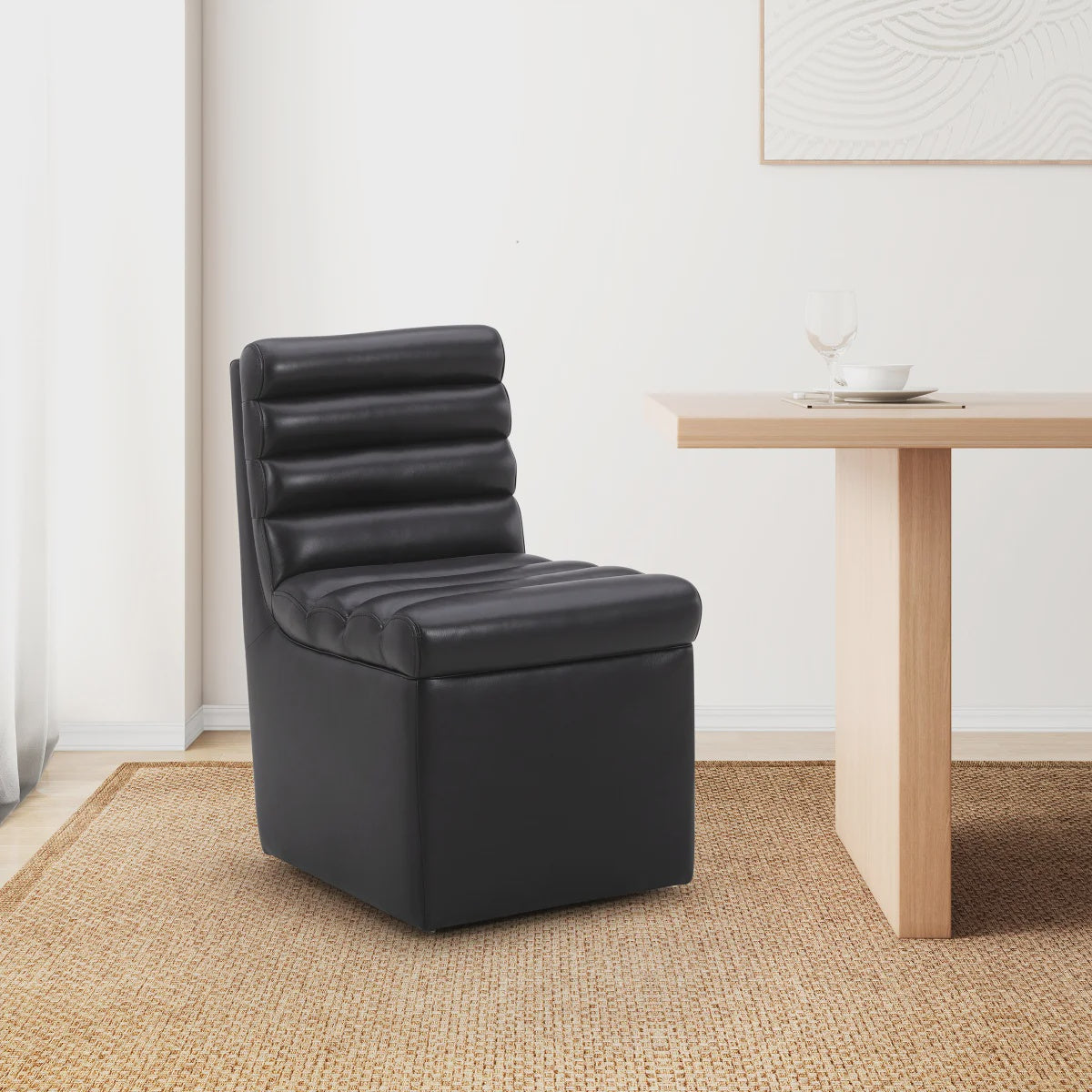 Aiden & Ivy Top-grain Leather Armless Dining Chair with Casters, Black