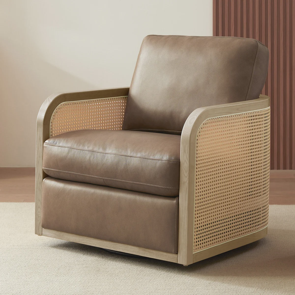 Aiden & Ivy Top-grain Leather Swivel Chair with Artificial Rattan