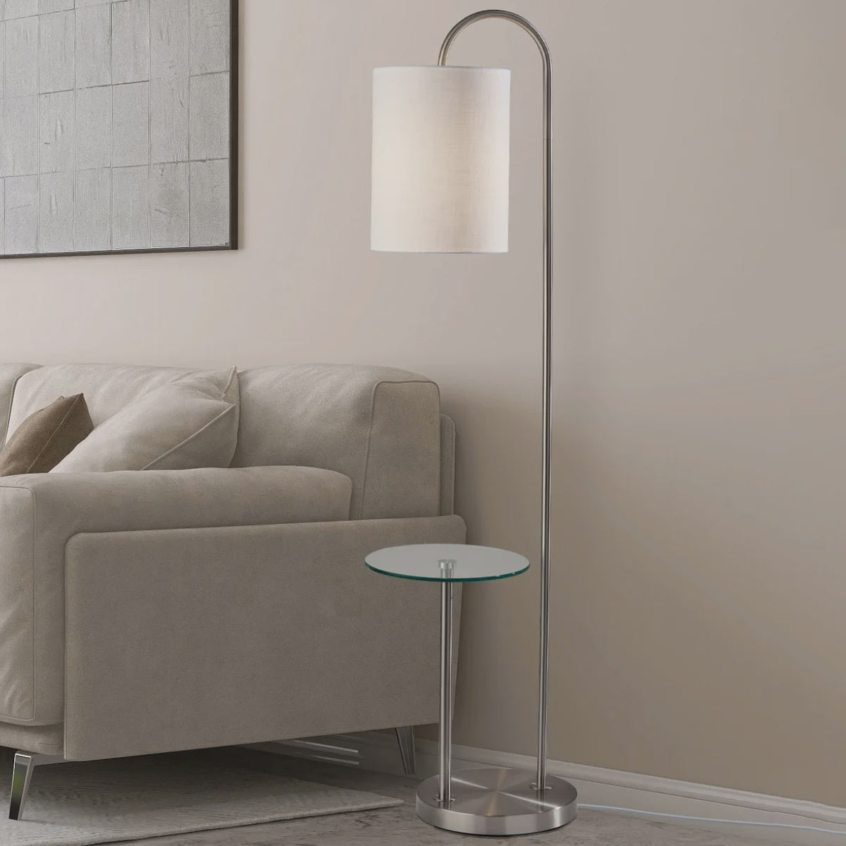 Amira Floor Lamp with Integrated Shelf, Brushed Steel