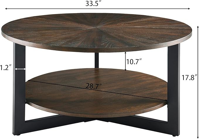 Round Coffee Table, 2 Tier Solid Wood with Black Metal Legs