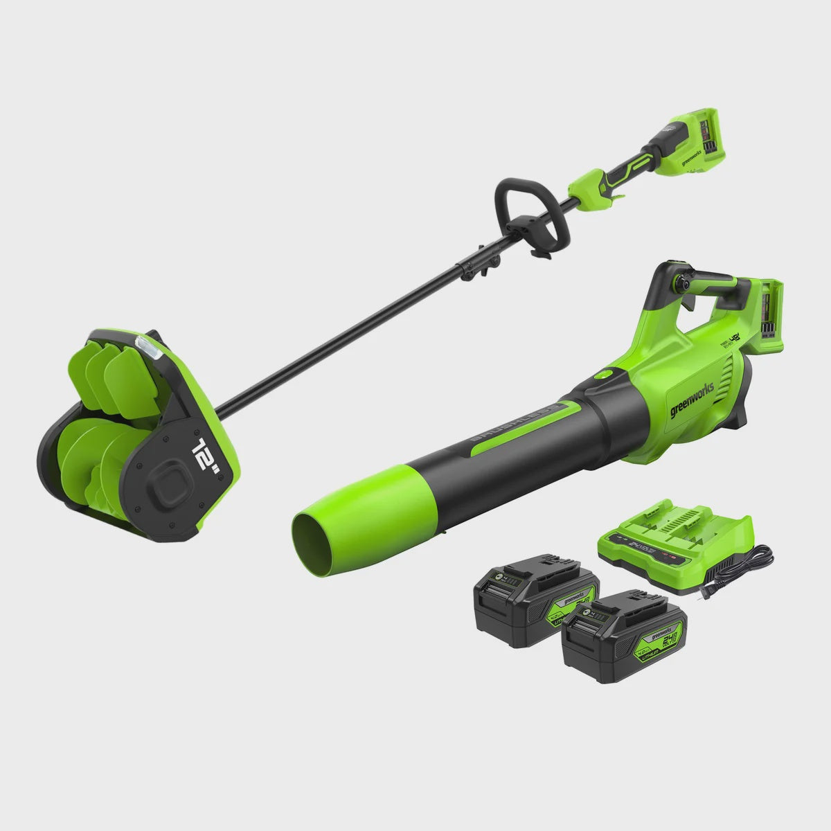 Greenworks 2X24V (48V) Brushless 12” Snow Shovel & 585CFM Axial Blower Combo Kit, (2) 4.0Ah Batteries and Dual Port Charger Included