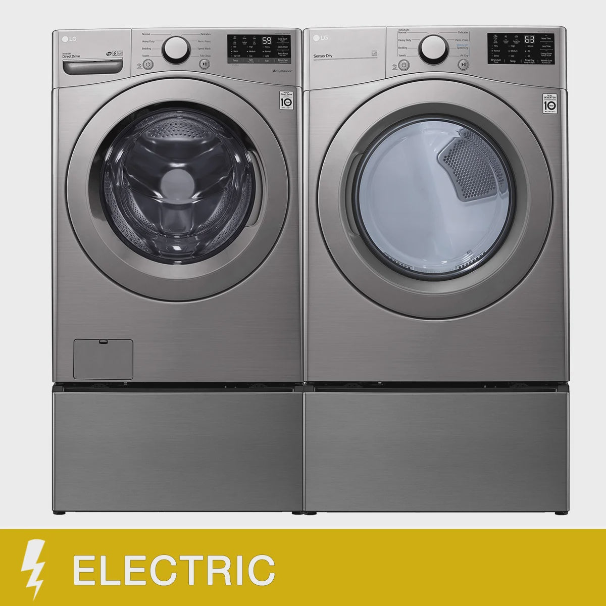 LG 4-piece Graphite Steel Laundry Suite with 5.2 cu. ft. Front Load Washer and 7.4 cu. ft. Electric Dryer and Pedestal Storage Drawers and Sidekick Washer *preowned