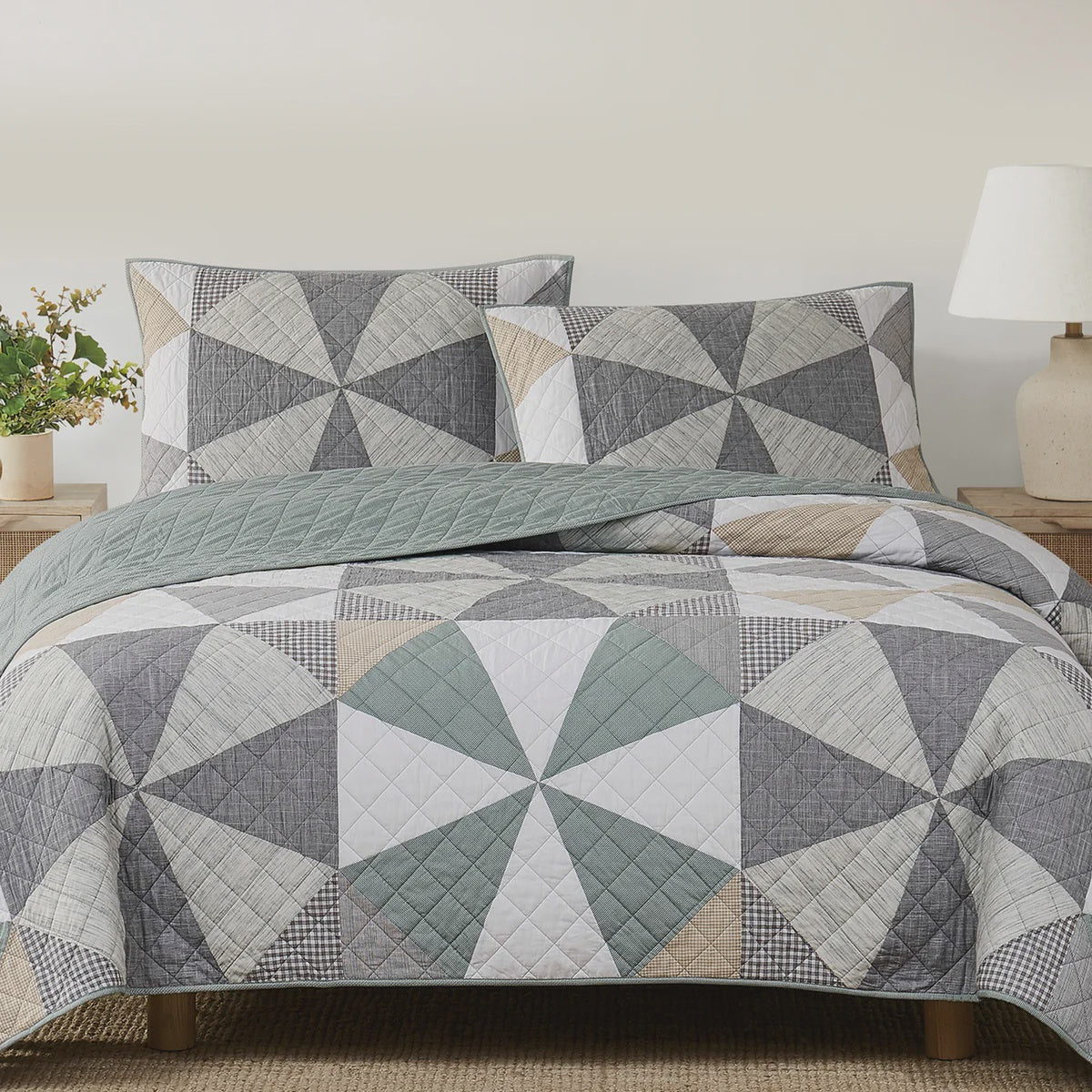 Origami Pieced Prairie Patchwork 3-piece Quilt Set King, Green