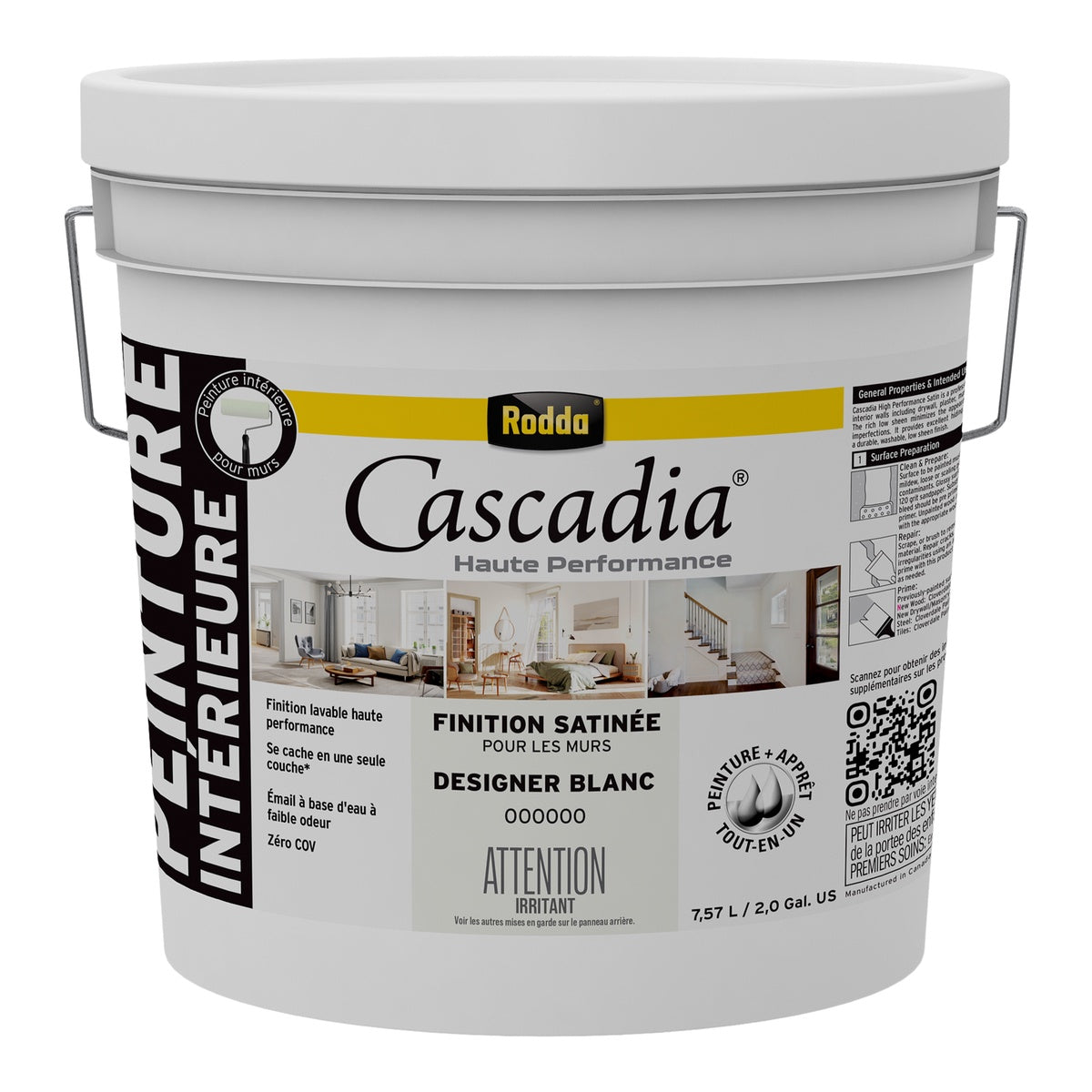 Rodda - Cascadia High Performance Interior Paint - Satin Finish - Designer White - 2 gallon - 7.57L