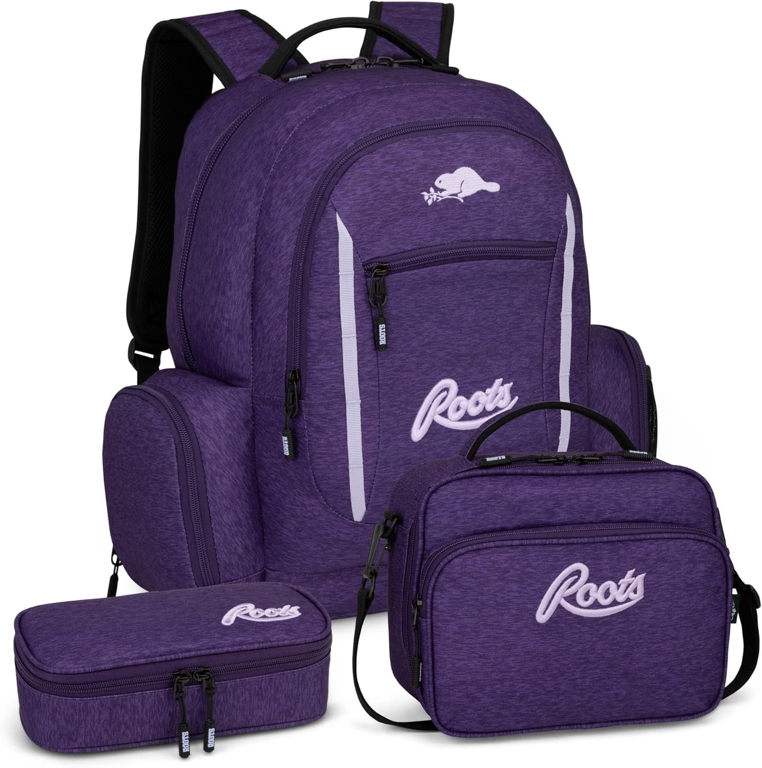 Roots Original 3 Piece Backpack and Lunch Bag Set with Bonus Pencil Case - Made From 100% Recycled Fabrics Purple