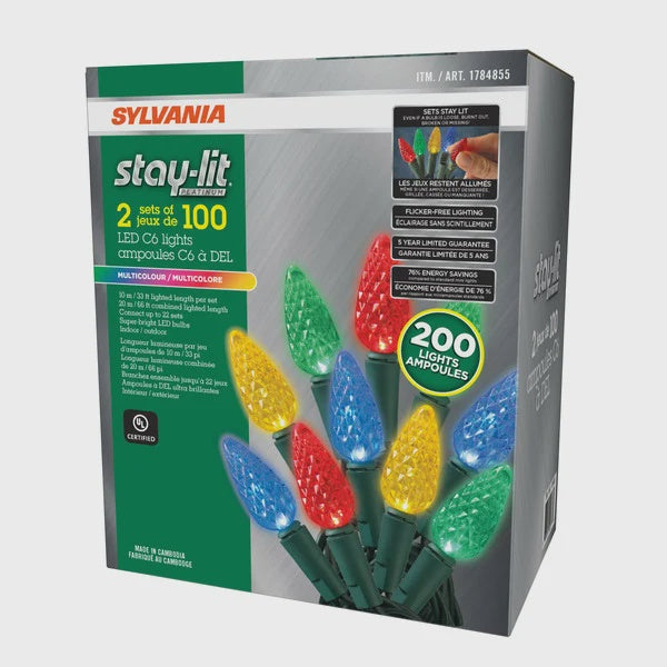 Sylvania Stay-Lit Platinum 2 Sets of 100 LED C6 Lights Multicolour