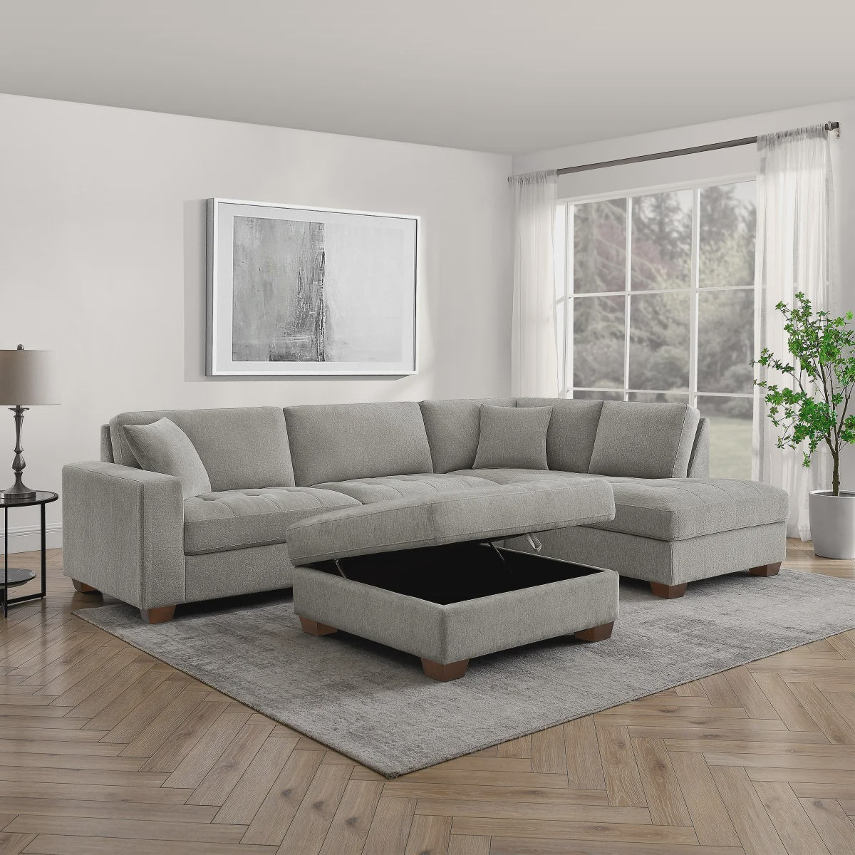 Thomasville Miles Right-hand Facing 3-piece Fabric Sectional with Storage Ottoman, Light Grey