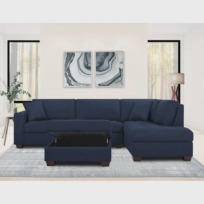 Thomasville Miles 3-piece Fabric Sectional with Storage Ottoman, Blue