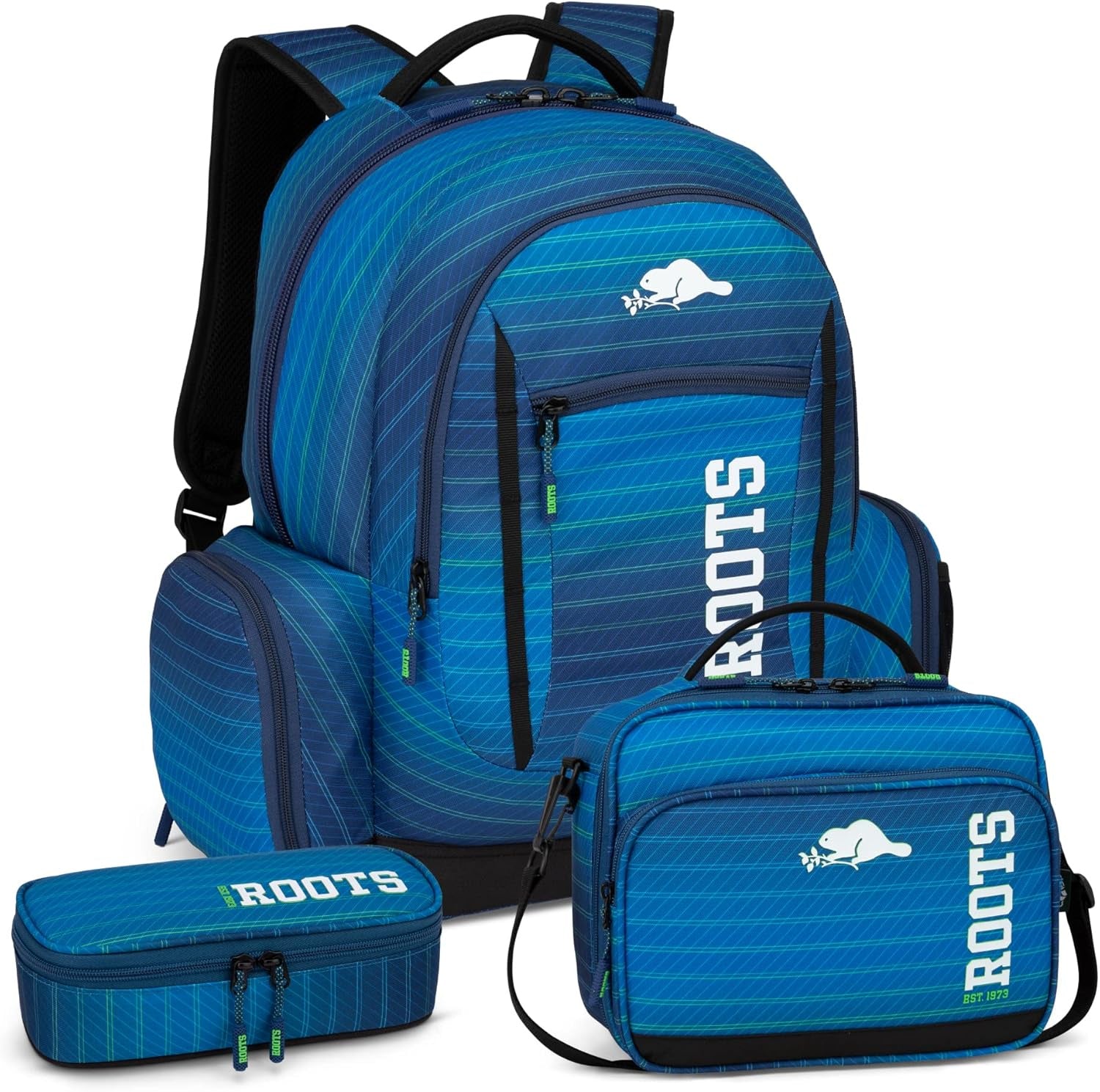 Roots Original 3 Piece Backpack and Lunch Bag Set with Bonus Pencil Case - Made From 100% Recycled Fabrics Navy Stripe