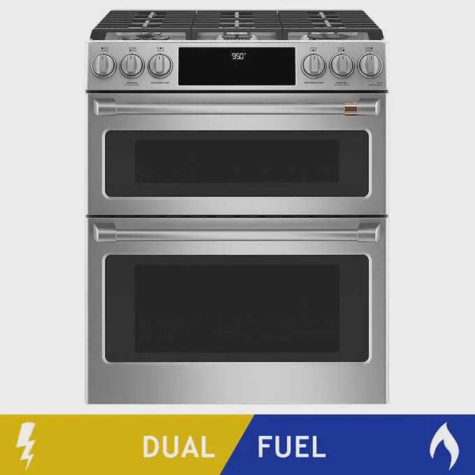 Café 30 in. Stainless-steel Slide-in Front-control Dual-fuel Double Oven with Convection Range
