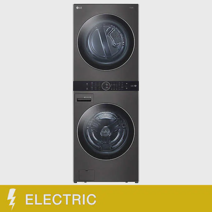 LG Black Steel Single Unit Front Load WashTower 5.2 cu. ft. Washer, 7.4 cu. ft. Electric Dryer