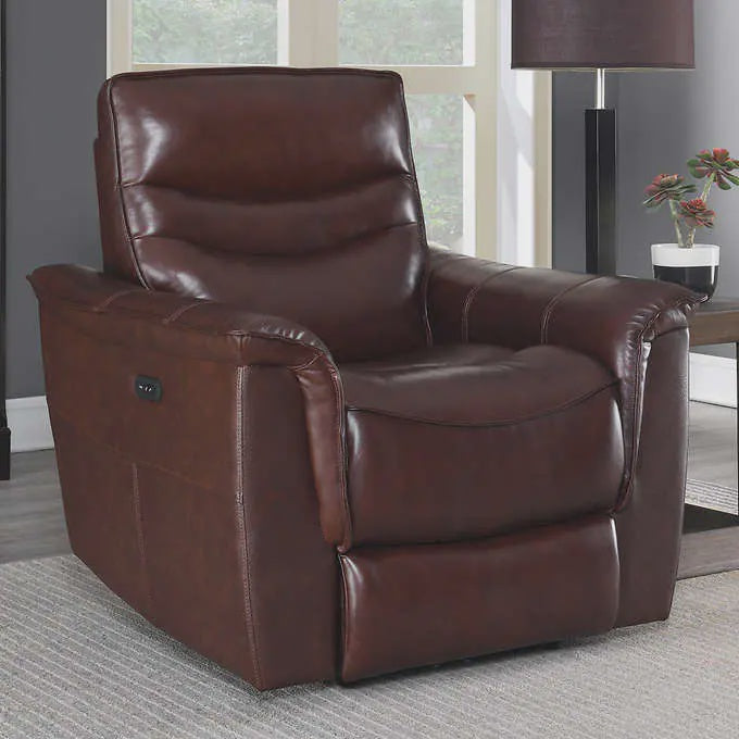 Modern Top Grain Leather Power Recliner, Brown